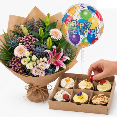 Gift Set Bouquet, Balloon & Cupcakes